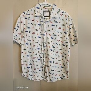 M5 Denim & Flower Slim Fit White With Tropical Cars Print Button Up Short Sleeve